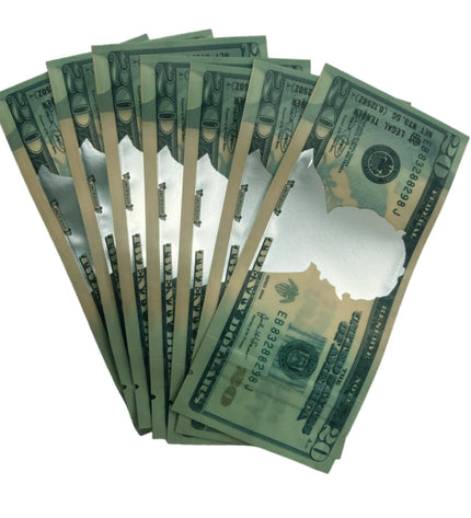 50 Pack 3.5g Money Shaped Mylar Bags – Twenty Dollar Graphic