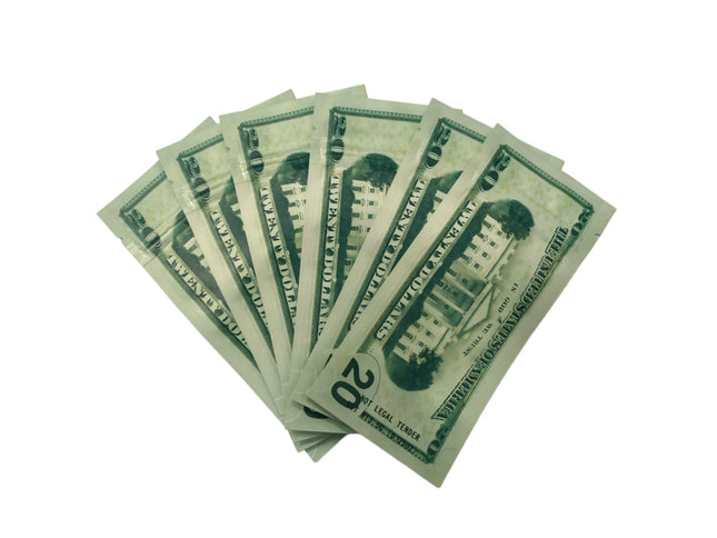 50 Pack 3.5g Money Shaped Mylar Bags – Twenty Dollar Graphic