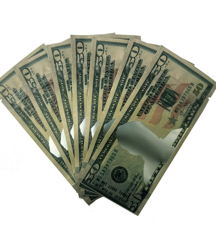 50 Pack 3.5g Money Shaped Mylar Bags – Fifty Dollar Graphic