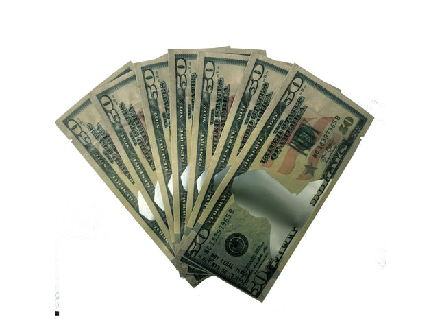 50 Pack 3.5g Money Shaped Mylar Bags – Fifty Dollar Graphic