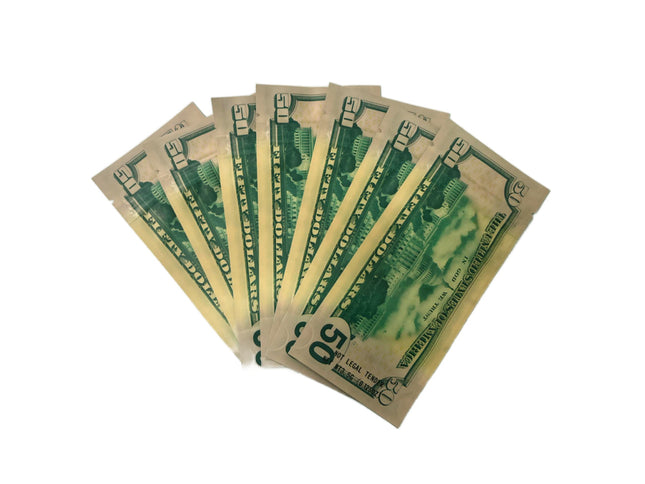 50 Pack 3.5g Money Shaped Mylar Bags – Fifty Dollar Graphic