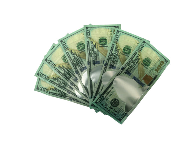 50 Pack 3.5g Money Shaped Mylar Bags – Hundred Dollar Graphic