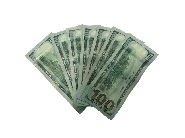 50 Pack 3.5g Money Shaped Mylar Bags – Hundred Dollar Graphic