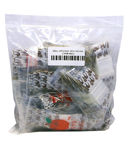 Mylar Bags, herb Mylar Bags, Where to buy mylar bags, Custom mylar bags near me, Mylar Bags Wholesale. Apple Bags. Clear plastic bag with small apple-shaped packages and a label on a white background