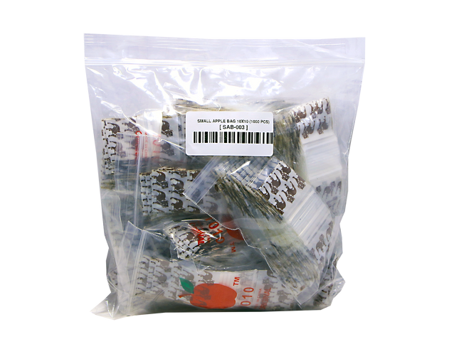 Mylar Bags, herb Mylar Bags, Where to buy mylar bags, Custom mylar bags near me, Mylar Bags Wholesale. Apple Bags. Clear plastic bag with small apple-shaped packages and a label on a white background