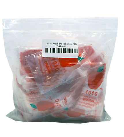 Mylar Bags, herb Mylar Bags, Where to buy mylar bags, Custom mylar bags near me, Mylar Bags Wholesale. Apple Bags. Clear plastic bag with small apple-shaped bags inside and a barcode label on a white background