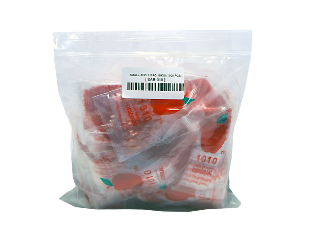 Mylar Bags, herb Mylar Bags, Where to buy mylar bags, Custom mylar bags near me, Mylar Bags Wholesale. Apple Bags. Clear plastic bag with small apple-shaped bags inside and a barcode label on a white background