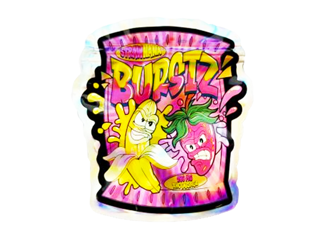 Mylar bag 3.5g, herb Mylar Bags, Where to buy mylar bags, Custom mylar bags near me, Mylar Bags Wholesale. Colorful container with cartoon characters and 'Burstz' branding on a white background