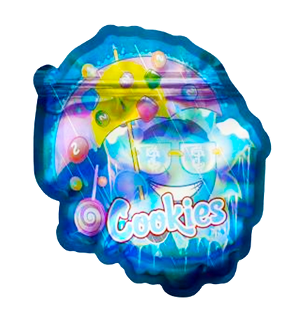 Mylar bag 3.5g, herb Mylar Bags, Where to buy mylar bags, Custom mylar bags near me, Mylar Bags Wholesale. Colorful balloon with a cartoon character and 'Cookies' text on a white background