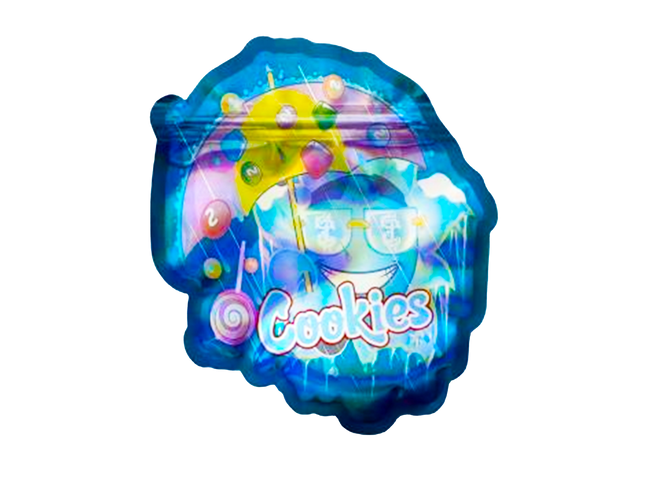 Mylar bag 3.5g, herb Mylar Bags, Where to buy mylar bags, Custom mylar bags near me, Mylar Bags Wholesale. Colorful balloon with a cartoon character and 'Cookies' text on a white background