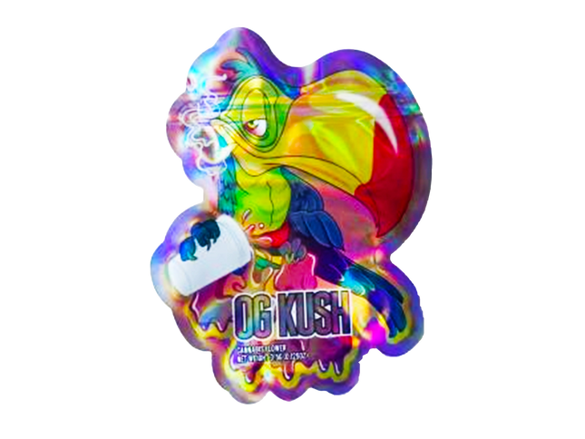 Mylar bag 3.5g, herb Mylar Bags, Where to buy mylar bags, Custom mylar bags near me, Mylar Bags Wholesale. Colorful 'OG Kush' product packaging with a cartoon character on a white background