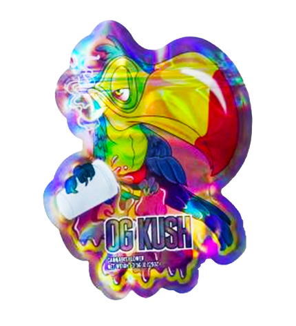 Mylar bag 3.5g, herb Mylar Bags, Where to buy mylar bags, Custom mylar bags near me, Mylar Bags Wholesale. Colorful 'OG Kush' product packaging with a cartoon character on a white background