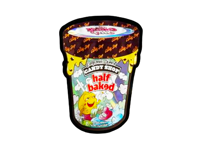 Mylar bag 3.5g, herb Mylar Bags, Where to buy mylar bags, Custom mylar bags near me, Mylar Bags Wholesale. Ice cream container with 'Half Baked' branding on a white background