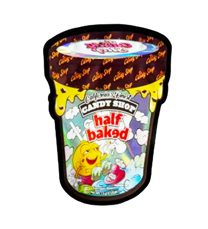 Mylar bag 3.5g, herb Mylar Bags, Where to buy mylar bags, Custom mylar bags near me, Mylar Bags Wholesale. Ice cream container with 'Half Baked' branding on a white background