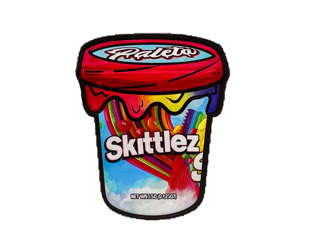 Mylar Bags  Colorful toy shaped like a Skittlez candy container on a white background