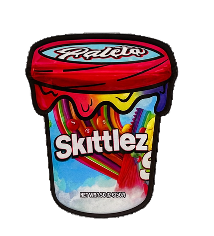 Mylar Bags  Colorful toy shaped like a Skittlez candy container on a white background