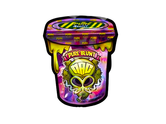 Mylar bag 3.5g, herb Mylar Bags, Where to buy mylar bags, Custom mylar bags near me, Mylar Bags Wholesale. Colorful container of Pure Blunt with alien design on a white background