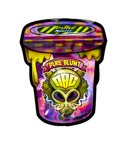 Mylar bag 3.5g, herb Mylar Bags, Where to buy mylar bags, Custom mylar bags near me, Mylar Bags Wholesale. Colorful container of Pure Blunt with alien design on a white background