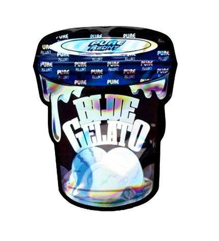 Mylar bag 3.5g, herb Mylar Bags, Where to buy mylar bags, Custom mylar bags near me, Mylar Bags Wholesale. Black container of 'Blue Gelato' with 'Pure' branding on a white background
