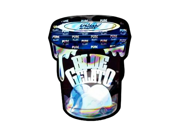 Mylar bag 3.5g, herb Mylar Bags, Where to buy mylar bags, Custom mylar bags near me, Mylar Bags Wholesale. Black container of 'Blue Gelato' with 'Pure' branding on a white background