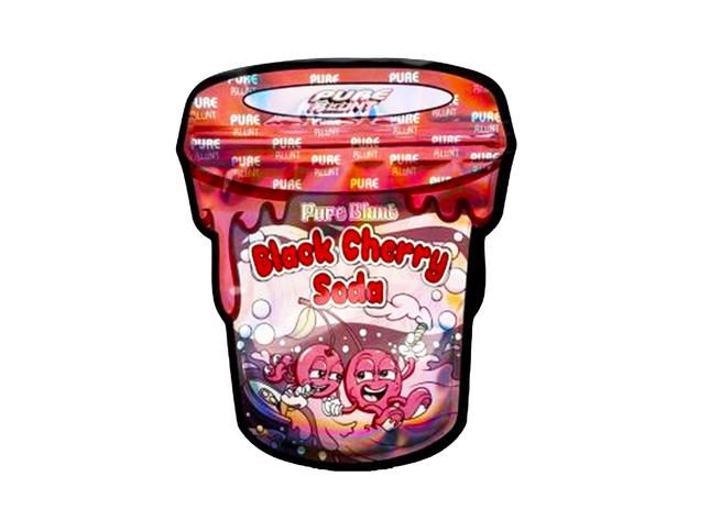 Mylar bag 3.5g, herb Mylar Bags, Where to buy mylar bags, Custom mylar bags near me, Mylar Bags Wholesale. Pac-Man Black Cherry Soda packaging with colorful design on a white background