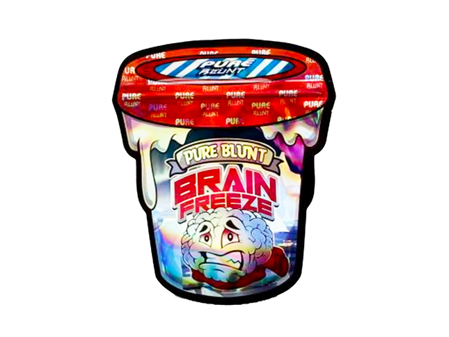 Mylar bag 3.5g, herb Mylar Bags, Where to buy mylar bags, Custom mylar bags near me, Mylar Bags Wholesale.  Ice cream container with 'Pure Blunt Brain Freeze' branding on a white background