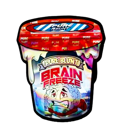 Mylar bag 3.5g, herb Mylar Bags, Where to buy mylar bags, Custom mylar bags near me, Mylar Bags Wholesale.  Ice cream container with 'Pure Blunt Brain Freeze' branding on a white background
