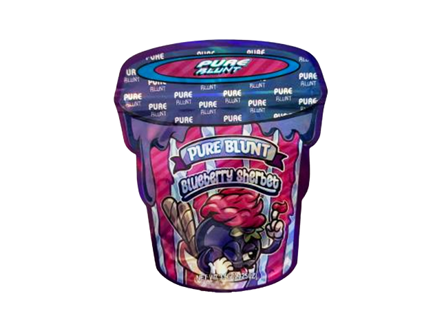 Mylar bag 3.5g, herb Mylar Bags, Where to buy mylar bags, Custom mylar bags near me, Mylar Bags Wholesale. Purple container of Pure Blunt Blueberry Sherbet on a white background