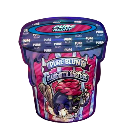 Mylar bag 3.5g, herb Mylar Bags, Where to buy mylar bags, Custom mylar bags near me, Mylar Bags Wholesale. Purple container of Pure Blunt Blueberry Sherbet on a white background