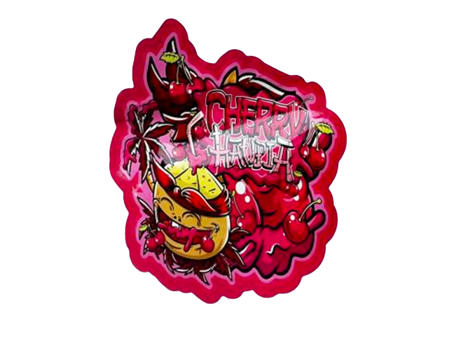 Mylar bag 3.5g, herb Mylar Bags, Where to buy mylar bags, Custom mylar bags near me, Mylar Bags Wholesale. Sticker with cherry and pineapple design on a pink background