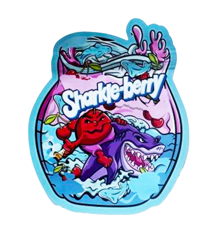 Mylar bag 3.5g, herb Mylar Bags, Where to buy mylar bags, Custom mylar bags near me, Mylar Bags Wholesale. Colorful illustration of a shark and a red character with 'Sharkie Berry' text on a white background