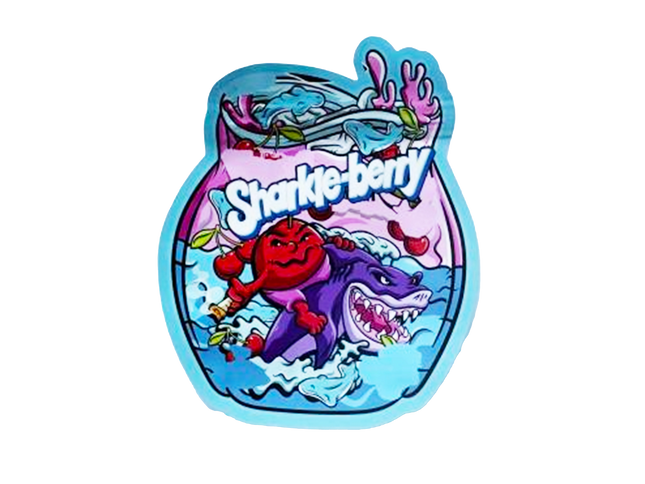 Mylar bag 3.5g, herb Mylar Bags, Where to buy mylar bags, Custom mylar bags near me, Mylar Bags Wholesale. Colorful illustration of a shark and a red character with 'Sharkie Berry' text on a white background