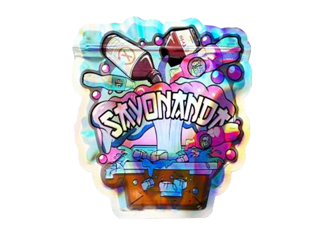Mylar bag 3.5g, herb Mylar Bags, Where to buy mylar bags, Custom mylar bags near me, Mylar Bags Wholesale. Colorful sticker with 'Slyvomanu' text and various graphics on a white background