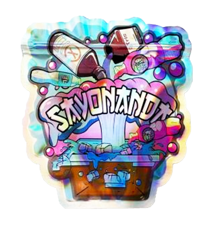 Mylar bag 3.5g, herb Mylar Bags, Where to buy mylar bags, Custom mylar bags near me, Mylar Bags Wholesale. Colorful sticker with 'Slyvomanu' text and various graphics on a white background