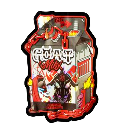Mylar bag 3.5g, herb Mylar Bags, Where to buy mylar bags, Custom mylar bags near me, Mylar Bags Wholesale. Stylized milk carton with 'GOAT Milk' text and graphics on a white background