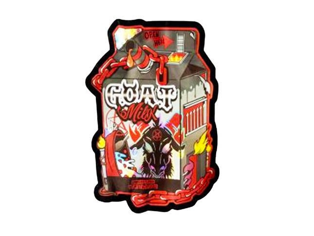 Mylar bag 3.5g, herb Mylar Bags, Where to buy mylar bags, Custom mylar bags near me, Mylar Bags Wholesale. Stylized milk carton with 'GOAT Milk' text and graphics on a white background