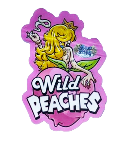 Mylar bag 3.5g, herb Mylar Bags, Where to buy mylar bags, Custom mylar bags near me, Mylar Bags Wholesale. Sticker with a cartoon character and 'Wild Peaches' text on a pink background