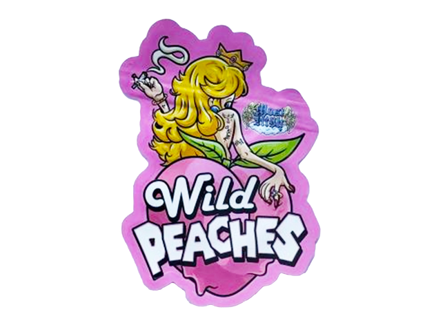 Mylar bag 3.5g, herb Mylar Bags, Where to buy mylar bags, Custom mylar bags near me, Mylar Bags Wholesale. Sticker with a cartoon character and 'Wild Peaches' text on a pink background
