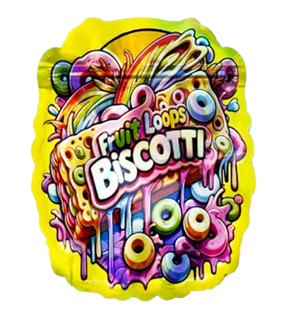 Mylar bag 3.5g, herb Mylar Bags, Where to buy mylar bags, Custom mylar bags near me, Mylar Bags Wholesale. Colorful 'Fruit Loops Biscotti' design on a yellow background