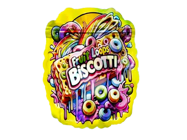 Mylar bag 3.5g, herb Mylar Bags, Where to buy mylar bags, Custom mylar bags near me, Mylar Bags Wholesale. Colorful 'Fruit Loops Biscotti' design on a yellow background