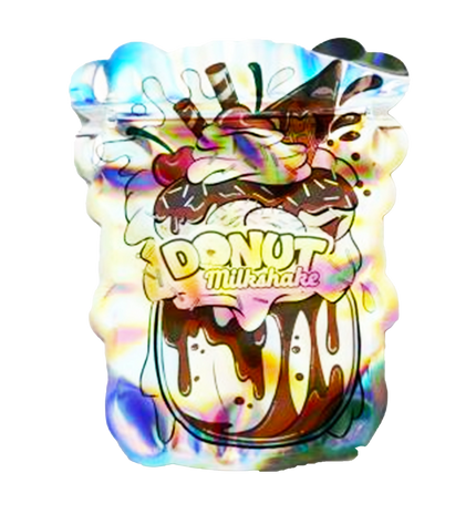 Mylar bag 3.5g, herb Mylar Bags, Where to buy mylar bags, Custom mylar bags near me, Mylar Bags Wholesale. Colorful design of a donut milkshake with rainbow effects on a white background