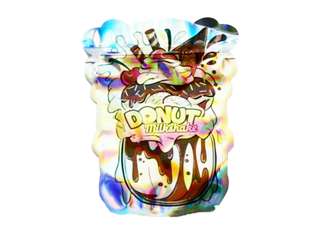 Mylar bag 3.5g, herb Mylar Bags, Where to buy mylar bags, Custom mylar bags near me, Mylar Bags Wholesale. Colorful design of a donut milkshake with rainbow effects on a white background