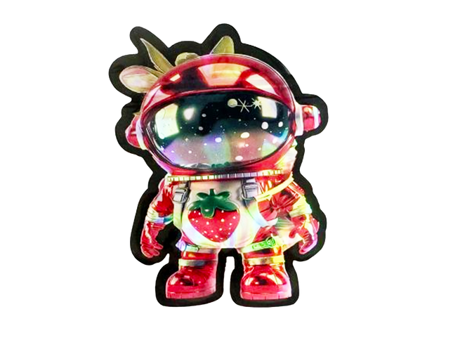 Mylar bag 3.5g, herb Mylar Bags, Where to buy mylar bags, Custom mylar bags near me, Mylar Bags Wholesale. Colorful character toy with astronaut helmet and strawberry design on a white background