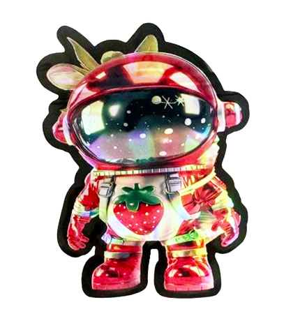 Mylar bag 3.5g, herb Mylar Bags, Where to buy mylar bags, Custom mylar bags near me, Mylar Bags Wholesale. Colorful character toy with astronaut helmet and strawberry design on a white background