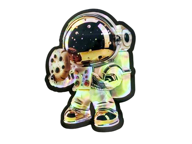 Mylar bag 3.5g, herb Mylar Bags, Where to buy mylar bags, Custom mylar bags near me, Mylar Bags Wholesale. Holographic astronaut toy figure on a white background