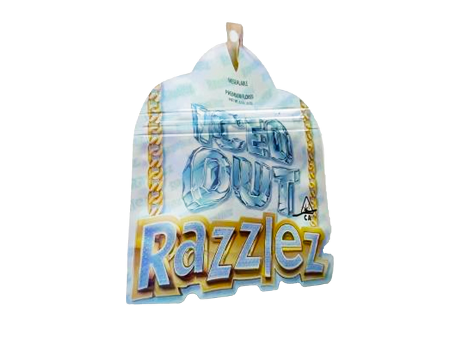 Mylar bag 3.5g, herb Mylar Bags, Where to buy mylar bags, Custom mylar bags near me, Mylar Bags Wholesale. Razzlez product packaging with colorful text on a white background
