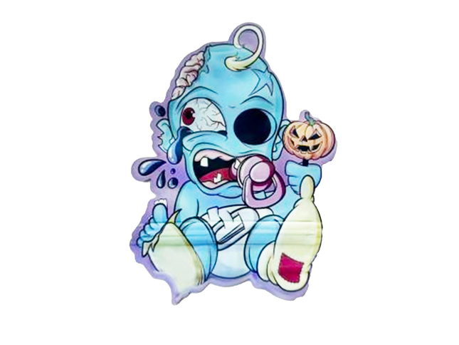 Mylar bag 3.5g, herb Mylar Bags, Where to buy mylar bags, Custom mylar bags near me, Mylar Bags Wholesale. Cartoon character with blue skin, white face, and a pacifier, holding a pumpkin, on a white background.