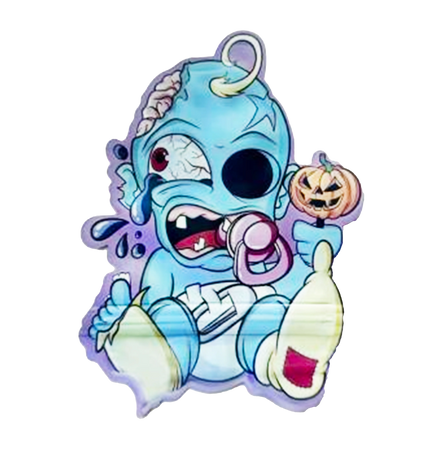 Mylar bag 3.5g, herb Mylar Bags, Where to buy mylar bags, Custom mylar bags near me, Mylar Bags Wholesale. Cartoon character with blue skin, white face, and a pacifier, holding a pumpkin, on a white background.