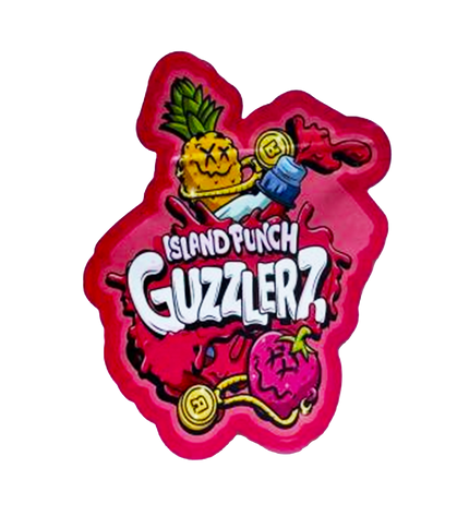 Mylar bag 3.5g, herb Mylar Bags, Where to buy mylar bags, Custom mylar bags near me, Mylar Bags Wholesale. Colorful logo with a pineapple and strawberry on a red background, featuring the text 'Island Punch Guzzlerz'.