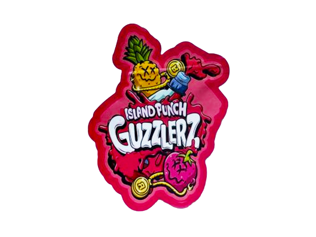 Mylar bag 3.5g, herb Mylar Bags, Where to buy mylar bags, Custom mylar bags near me, Mylar Bags Wholesale. Colorful logo with a pineapple and strawberry on a red background, featuring the text 'Island Punch Guzzlerz'.